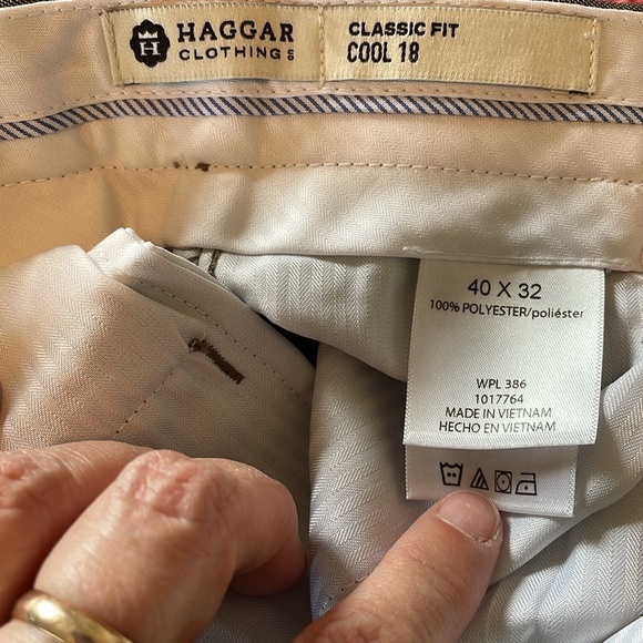 Men's 40x32 Haggar Classic fit Cool 18 flat front Olive/Tan Dress Pants pockets - Picture 7 of 10